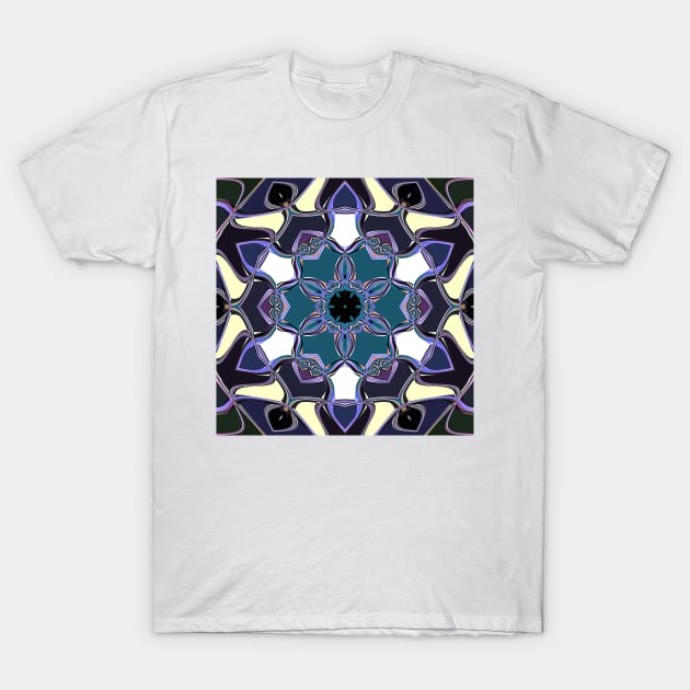 Cartoon Mandala Flower Blue Purple and White T-Shirt by WormholeOrbital